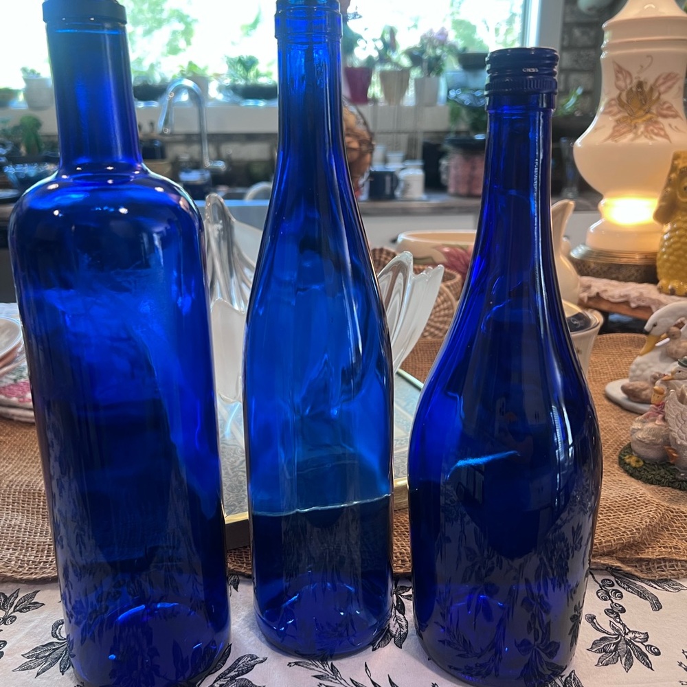 Set of Three Generic Cobalt Blue Glass Bottles